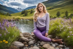 country side ,blue sky , mountains, pretty clouds ,small rocky river with clear water small rocks in floor,wild flowers,beautiful 18 year old girl with ash blonde hair and blue eyes with her curvy hair down, wearing a long-sleeved woollen top, and lilac long leggings, with long red boots full body standing pose shot