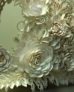 Ultra realistc natural garden in white hair. Around lilac, indigo, bianco giallo and pink natural roses. White backgroung. An intricate detailed white 3D paper patchwork, crown, diadem, fantasy, rose tones, beautiful, perfezione