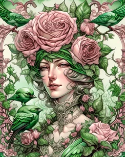 Beautiful venetian light pink and green splahed liquid art flowing backgroundink art rococo style rose Bush headress adorned youndg woman portrait adorned with rose pink Bush and light green roses with bird and white ink art covered and bird headdress palimpsest venetian masquevoidcore rococo style botanical filigree rose Bush t botanical wooden embossed costume armour ribbed with rosequartz mineral stone roses flowers and costume botanical malachit colour and beige ink art brown ink art embosse