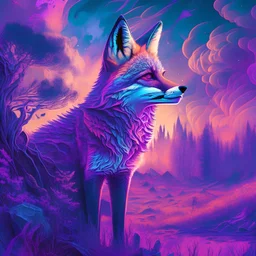 majestic fox, psychedelic, violet tones, fantasy landscape