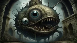 A surreal and fantastical creature with a large eye, sharp teeth, and a bizarre, organic structure emerging from a dark, architectural background with various strange elements