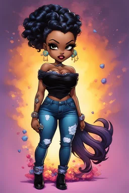 vibrant psychedelic comic book image, airbrush, 48k, cartoon art of a chibi curvy black female wearing torn jeans pants and a black tie dye off the shoulder blouse. Prominent make up with lush lashes. Highly detailed sleek wavy ponytail