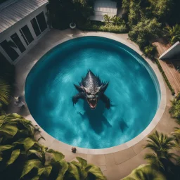 NOGI SAN style: Realistic top down view of large scary unknown monster swimming in backyard pool, thrilling, immersive lighting, high quality