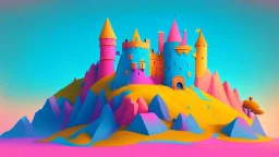 Pink, orange, yellow, dark blue and aqua blue castle on a hill