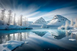 Capturing a nature scene on ice beneath the polar sky in a medium shot, reflected upon an icy and tranquil frozen lake, painting a surreal and dreamy landscape; settings: f/3.5 aperture, 20 sec shutter speed, ISO 1600, using a mirrorless camera and a wide to medium focal length lens, from a location within the Arctic Circle during winter."