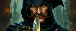 oil paint and airbrush, upper body portrait of clever crow vintage mustache cloaked assassin thief quickling juggler man with Damascus steel sacrificial dagger in then elven magical green city of Forgotten Realms, myth drannor