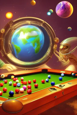 Aliens playing pool with the balls being planets. The main ball is planet earth