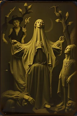 Daguerrotype close up some mysterious figures, odd background, Hieronymus Bosch, ambient light, by Minicavio Quollati and Marlost Endgulp, Botticelli, Alphonse Mucha