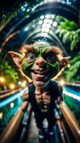 portrait of fisheye selfie by hairy pimp rocker alien giant gremlin on bridge over water slide dancing in dark lit reflective wet jungle hall tunnel,bokeh like f/0.8, tilt-shift lens 8k, high detail, smooth render, down-light, unreal engine, prize winning