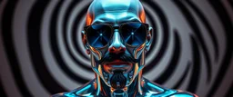 portrait of upper body of cool transparent guy made with nano tape and with shades and mustache and bald head, saw blade beholder eye tyrant flating beholder kin with eyes on each saw blade tooth saying something profound, hypnotic zebra twirl background, with chrome reflections, like he is floating in a giger cartoon