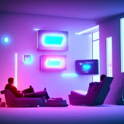 concept of futuristic living room, cyborg is sitting on sofa and watches tv, cinema 4d, blender, complex, beautyfull, 8k, neon lights,