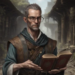 fantasy dnd scholar 40 year old male holding books wearing eye glasses thin body anoresix dirty from travelling the road