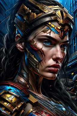 Fhoto reality,Raw, terminator as wonder woman, Warhol, digital art, illustration, intricate details, powerful composition, captivating, , trending on artstation, sharp focus, studio photo, intricate details, highly detailed, by addie_digi