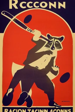 old man in 1928 poster advertising racoon tennis, raccons flying in air between tennis rackets while humans::4 use them as a tennis ball