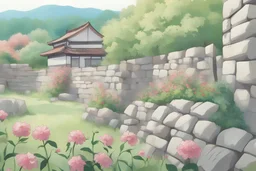 sunny day, stone wall, flowers, spring, normal mountains, river, rocks, distant house, epic, japanese manga style