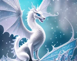 mdjrny-v4 style, a white dragon with fairy-like transparent glowing and sparkly wings standing in snow, full body, silver and teal background, glowing soft and smooth wings, realistic, highly detailed intricately detailed, shiny snowy background, soft studio lighting, trending on artstation, by artist "Julie Bell", by artist "Greg Rutkowski"