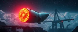 dark bridge space station holding huge round pear space ship, portrait of inter-galatic handsome power broker , the first nation, witchcraft, cyberpunk village, sci-fi, strange chrome vessels, volume light from stars through clouds, goa trance poster