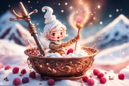 whipped cream peaks in a copper whisk (60% of the picture), cute chibi kids sledding down the peaks, a wire whisk next to the cauldron, raspberry seeds in sunshine, watercolor and black ink outlines, sparkling golden glitter, ethereal, cinematic postprocessing, bokeh, dof