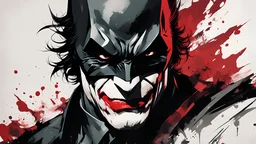 poster in two gradually, a one side half face Batman dark tones and other side half face Joker darkred tones, painting by Yoji Shinkawa,