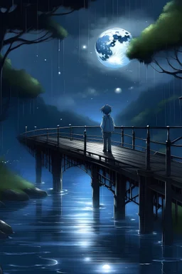 Boy, rain, night, moon, lake, bridge, forest,anime