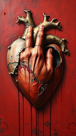 Bosch style painting , A 3D whole hand coming out of the middle of a rusty metallic open heart in details on red bloody background