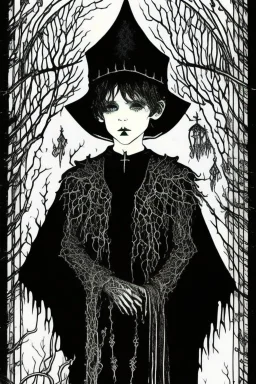 7 year old boy, necromancer, friendly, looks dead, with weird mushrooms growing out of him, wearing black robes, in the style of Harry Clarke