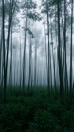 Field of bamboos gray trees in dim light , foggy, sad, cloudy, atmosphere,