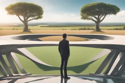 man standing in a split picture, open countryside, with trees on one side and a pristine futuristic city on the other side