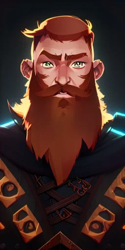 Dungeons and dragons character, warrior dwarf male, friendly face, high detail, High definition, ginger braided beard, ginger long hair in a bun, metal plate armor, short height, black backdrop, mustache, battle ax, cloak