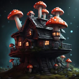 A funny floating mushroom house in space. cold neutral colors, black, Detailed gloss Painting, rich color, fantastical, intricate detail, splash screen, hyperdetailed, insane depth, concept art, 8k resolution, trending on Artstation, Unreal Engine 5, color depth, dynamic lighting, splash art, dramatic, masterpiece, excellent quality beautiful Fun Imaginative, unique, great composition