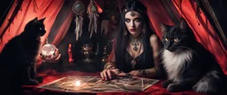 Hyper Realistic photographic-view of Wicked-&-Beautiful-Fortune-teller-with-glowing-red-eyes wearing black-beed-necklace-&-bracelet angrily Looking at her crystal-ball glowing magically & sitting in her tent with a horrifying-black-cat at dark-night decorated with fancy-traditional-feathers-&-tarot-cards showing dramatic & cinematic ambiance"