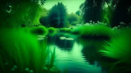 Contemplative, dreamy and realist photo of a garden with a lake. Shapes are grainy and with a little blur. Colors are vivid, electric blue, electric green and electric grey.