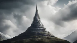 Photoreal magnificent impossibly lofty mountain spire crowned with a colossal circular structure, rotating languidly around its summit by lee jeffries, otherworldly creature, in the style of fantasy movies, photorealistic, shot on Hasselblad h6d-400c, zeiss prime lens, bokeh like f/0.8, tilt-shift lens 8k, high detail, smooth render, unreal engine 5, cinema 4d, HDR, dust effect, vivid colors