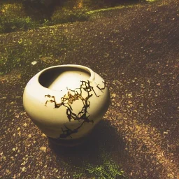 artistic photo of a tiny cracked ceramic vase repaired with gold, kintsugi, garden setting, beautiful landscape photography, beautiful, vines and leaves, delicate, cinematic, high detail, beautiful composition, delicate arrangement, aesthetic, soft lighting, award winning photography, tender