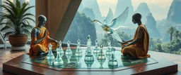 alien levitating yoga monk chess masters playing serious glowing chess on hex map in lounge on beautiful lush planet with huge transparent bird glass alien chess pieces of ships in fountain, also a god piece