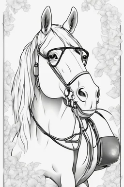 Outline art for cute coloring pages with horse with glasses, full body, white background, sketch style, only use outline, clean line art, no shadows and clear and well outlined.