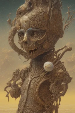 detailed peaceful landscape figure made of cake frosting, ice cream, dog teeth, Amano, Roger Dean, Max Ernst, strong texture Ernst Haekel, extreme detail, sunrise, nothingness and distressing anguish old wooden figure high contrast