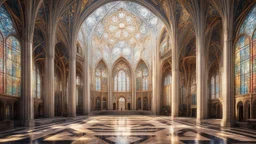 futuristic fantastic symmetrical cathedral internal view, year 2080, sunshine, beautiful, colorful, totally symmetrical design, style William Morris, English arts-and-crafts movement, innovative architecture, award-winning photograph, awesome, serene, inspiring, spiritual, impressive, Cinematic lighting, Epic composition, Photorealism, Very high detail, Unreal Engine, Octane render, HDR