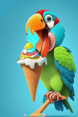 Cartoon parrot eating ice cream