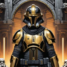 star wars bald male corellian pilot wearing pearlescent black and gunmetal grey First Order special forces heavy assault stealth commando armor and helmet with gold trim inside the jedi temple, hyperdetailed, dynamic lighting, hyperdetailed background, 8k resolution, volumetric lighting, light skin, fully symmetric details