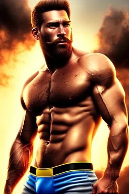 Ignore NSFW, teenager young rugged attractive slightly muscular fantastic handsome man, red briefs with yellow belt, hairy chest, (((visibly pisssing))) briefs, large erect visible boner peniss, photorealistic, artist Jay Anacleto, soft lighting, scruffy beard