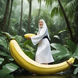 the youthful Italian nun straddles a giant banana in the wet jungle, riding the long fruit with happyness