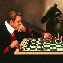 Shooter McGavin from Happy Gilmore playing chess with Donkey Kong in the style of Hieronymus Bosch