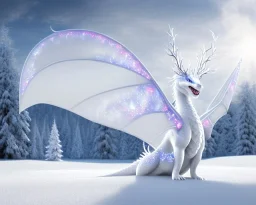 mdjrny-v4 style, a white dragon with fairy-like transparent glowing and shining wings standing in snow, full body, silver lightning, glowing soft and smooth wings, realistic, highly detailed intricately detailed, shiny snowy background, soft studio lighting, trending on artstation, by artist "Julie Bell", by artist "Greg Rutkowski"