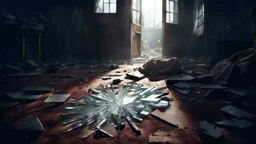 Glass shattering scene, a shattered glass pieces lies on dirt floor, and a young woman had with bloody fingers , The room is an old poor villager's abode, pale light, The mood is one of profound melancholy, sad