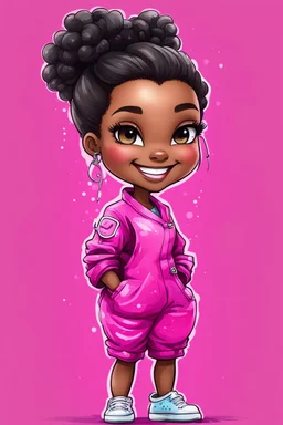 Create an abstract graffiti water color painting illustration of a chibi cartoon black female curvy smiling and hot pink scrub suit. Prominent make up with lush lashes and hazel eyes. Highly detailed slick ponytail thats wavy. background of the amour of stethoscopes