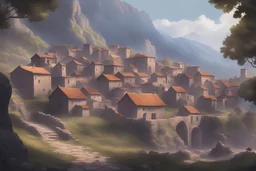 Civilização grande com várias construções antigas e com casas de rocha antiga perto de montanhas, casas feitas, cores escuras e montanhas a distância de pedra inspiração game of trones
