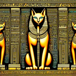 Cubism iridescent 3D-shaded Egyptian abstract art in Morris Hirshfield's richly textured style on weathered parchment. Engraved Egyptian glyphs. Highly detailed. (Bastet, the Egyptian cat goddess, sitting on a pedestal in a complex, detailed temple room, in front of beautifully decorated pillars adorned with Egyptian glyphs, and ankhs, on a noble, tiled floor. The cat wears tattoos, and her body is adorned with precious gold and lapis lazuli jewelry.) palm trees, more cats in soft focus backgrou