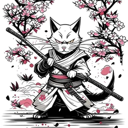 Vector illustration, Minimalistic, Digital illustration, a Little [Vintage tshirt print design (on a white background1.2), digital art of Manga-Inspired Samurai Cat, (manga style1.2), dynamic poses, cherry blossoms, epic katana action, highly detailed, 4k, masterpiece.]Print for t-T-shirt HaHand-drawn