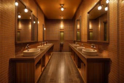 Pictures of a group of bathrooms in Mathaf Restaurant. The walls and floors are in brown tones, and the sinks are on one wall.